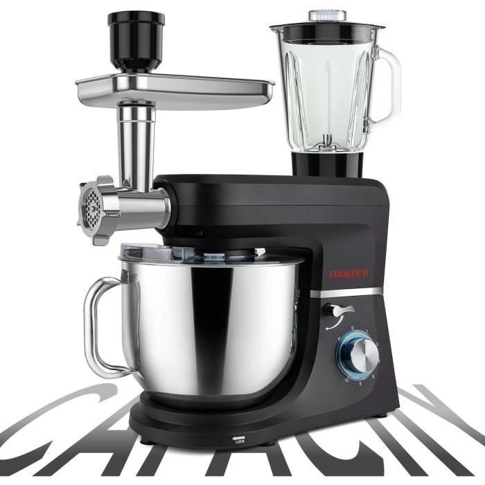 Robot Pâtissier 1500W 8L COOKDEYI 6 en 1 Robot Pétrisseur Électrique 10+1 Vitesses Mixeur 13 accessoires,au Lave-Vaisselle