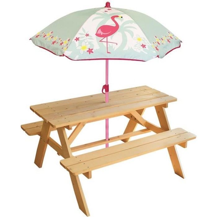FUN HOUSE Table de Pique-nique Flamant Rose pour Enfant - Avec Parasol - En bois - H.53 x L.95 x 100cm