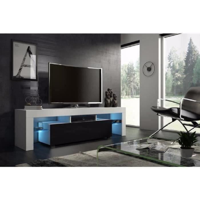 Meuble tv 160 cm blanc mat et noir laqué avec led RGB