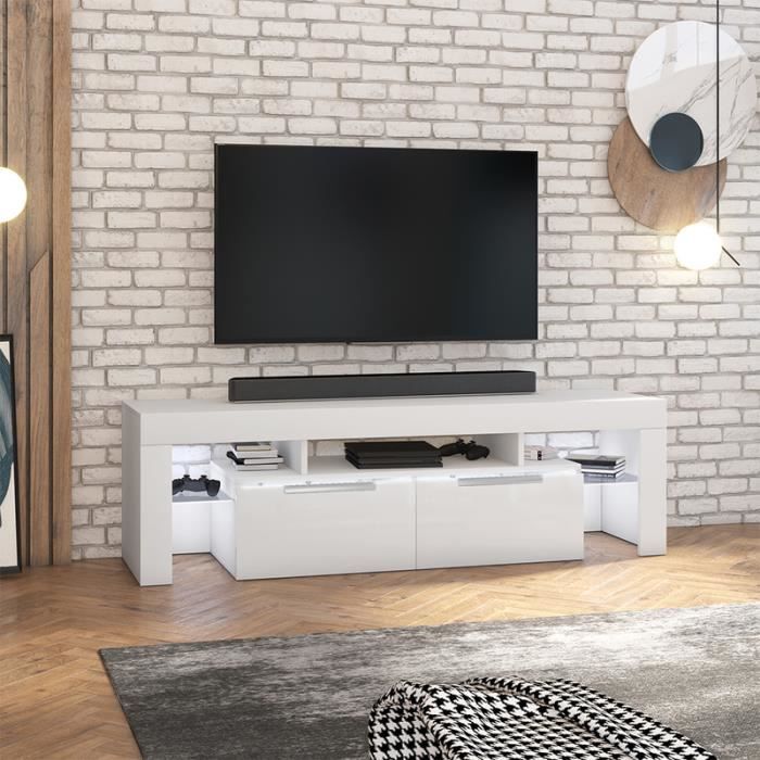 Meuble TV 180cms - VERGON - blanc mat / blanc brillant - avec LED