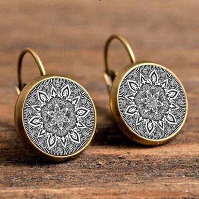 Mandala Boucles d'oreilles en verre Bronze Boucles d'oreilles Bouddhisme Zen Henna Yoga Boucles d'oreilles pour femmes