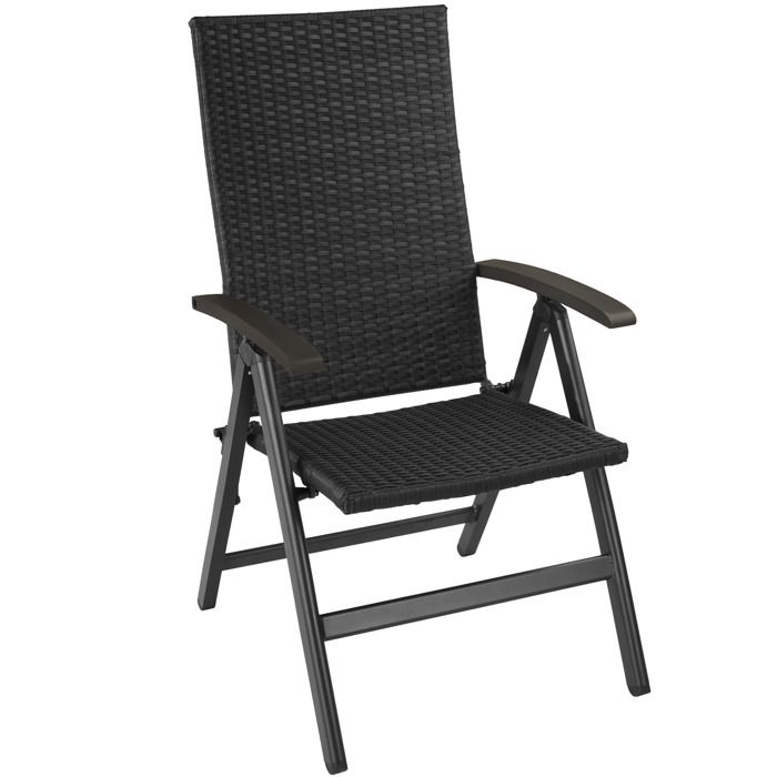 TECTAKE Chaise de Jardin Pliante Réglable en Aluminium et Résine Tressée 68 cm x 58 cm x 107,5 cm Noir