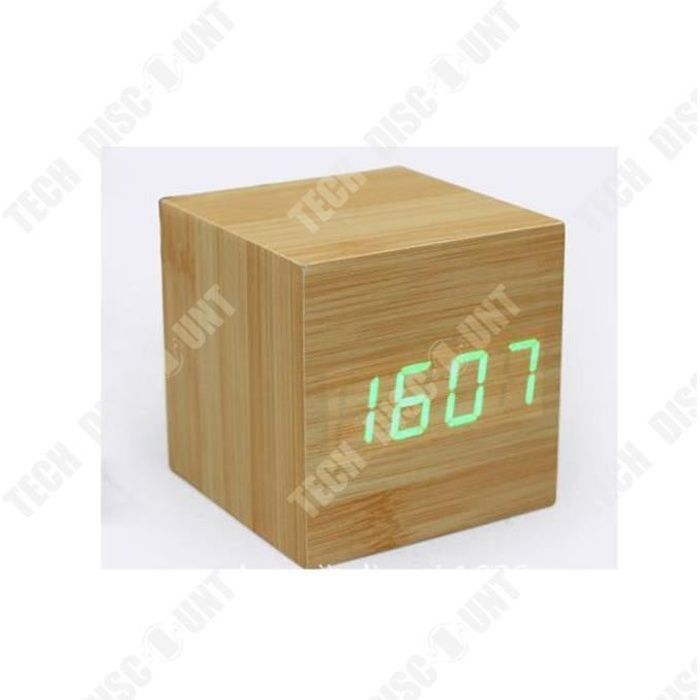 TD® réveil en bois cube numérique led horloge enfant matin lumineux de voyage digital petite thermometre gros chiffres design pas ch
