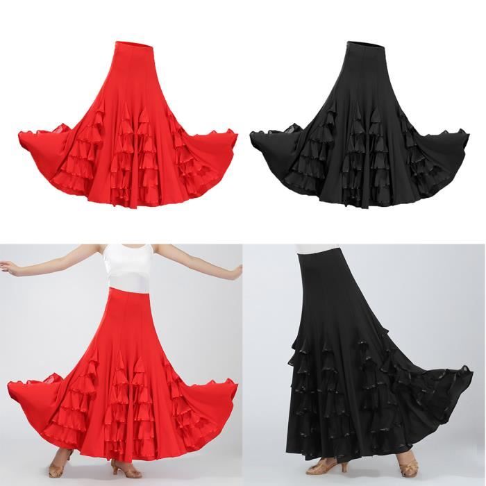 2pcs Jupe Danse Latine Balançoire Robe Jupon Flamenco Mode Vêtement Femme Déguisement Noir + Rouge
