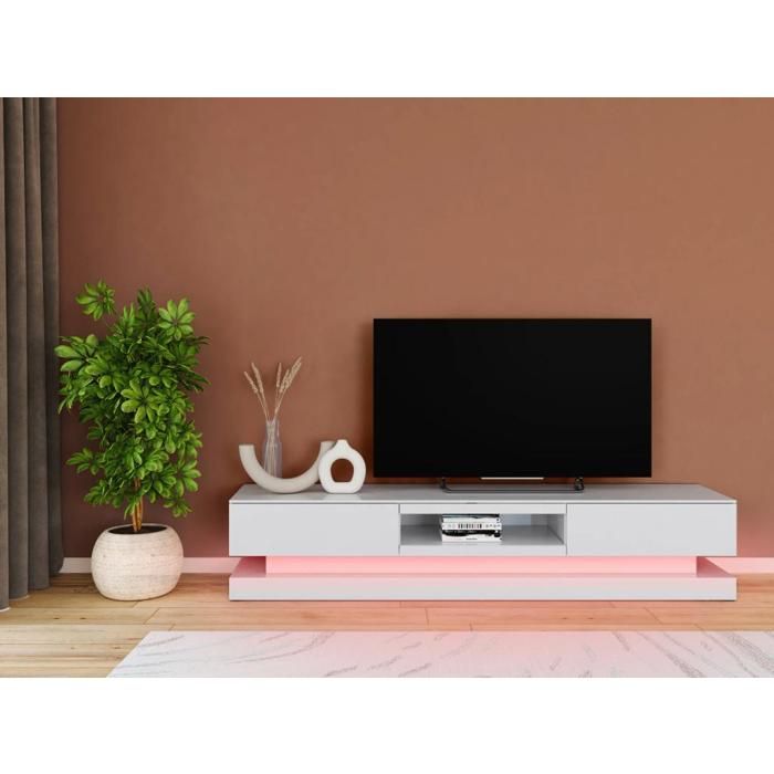 Meuble TV FIRMAMENT - MDF laqué blanc - LEDs - 2 tiroirs & 1 niche