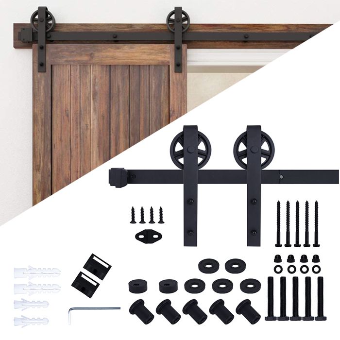 SNOGOLD 2.0M Quincaillerie Kit de Rail Roulettes pour Porte Coulissante Hardware Ensemble Industriel pour Porte Suspendue 6.6FT
