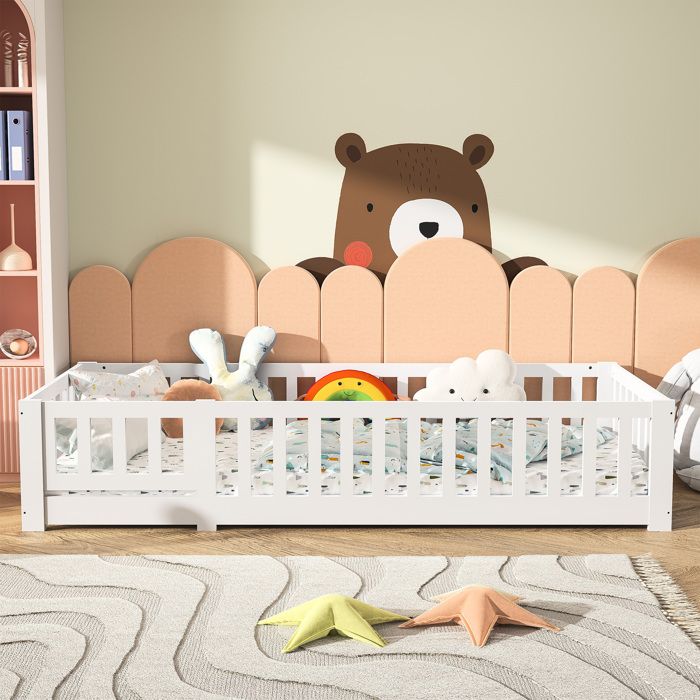 Lit enfant 90 x 200 cm - avec barrière de sécurité - Sommier à lattes - Bois de pin - blanc