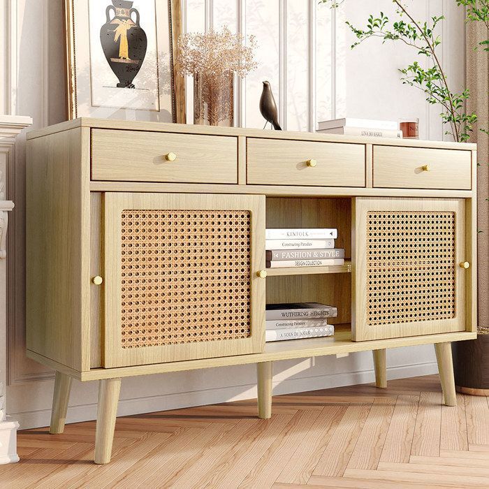 Buffet - PUGSDRLY - Commode 3 tiroirs et 3 portes - Cannage rotin - MDF chêne - Poignées métal