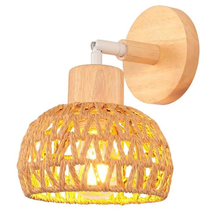 IDEGU Rétro Lampe Murale Vintage Applique Murale en Rotin et Bois Ajustable Plafonnier Style-D Rotin Brun pour Chambre Salon