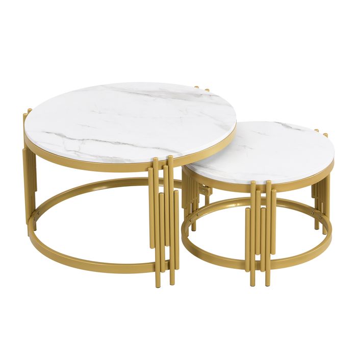 Table basse salon Lot de 2Aspect MarbreTables basses gigognes en Métal doréTable dappoint ronde 715x715x44+515x515x37cm