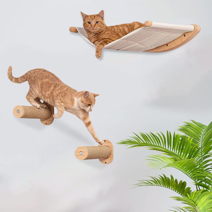 JEOBEST Arbre à Chat Mural Mur d'escalade pour Chat avec 2 poteau d'escalade pour chat, Hamac pour Chats Mur 3 pièces