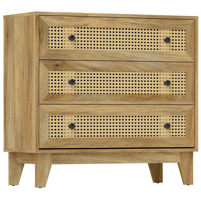 Commode - HOMCOM - 3 tiroirs - cannage en rotin - 80x35x76cm - Bois naturel