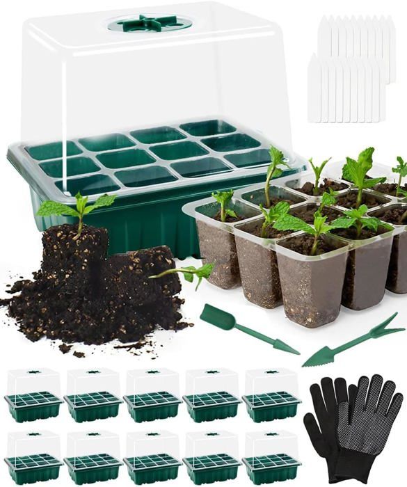 TaimeiMao 4 Pièces Bac à Semis,12 Trous Plateau Semis,Mini Serre Pour Semis, Kit De Démarrage Pour Plantes,Pépinière Boîte De Culture,avec Couvercle Et Ventilation Durables,40 étiquettes,5 Outils