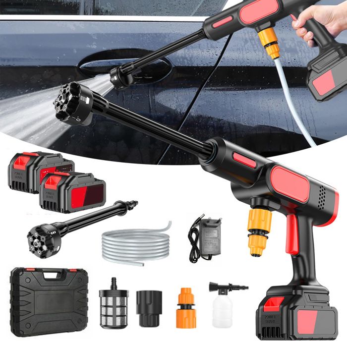Nettoyeur Haute Pression Max 60 Bar avec 2 Batteries 4000mAh Pulvérisateur de Mousse 6-en-1 Buse pour Le Nettoyage et Arrosage