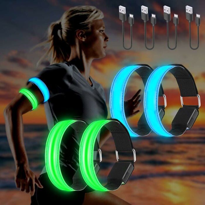 Bracelet LED Rechargeable (USB-C) – 2 Bandes Réfléchissantes, 3 Modes D'Éclairage, Ajustable 23-37 Cm – Pour Course, Vélo, Sécurité Nocturne