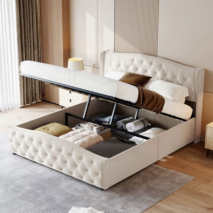 Lit double 160x200 cm - 231211SM - Coffre de rangement - Velours beige - Tête de lit rivetée ondulée