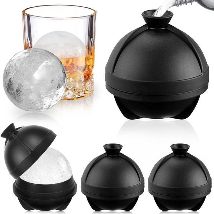 Lot De 4 Moules à Glaçons Sphériques En Silicone Noir - Grand Format 8,5x6,3 Cm - Avec Couvercle étanche Et Entonnoir - Pour Whisky Et Cocktails