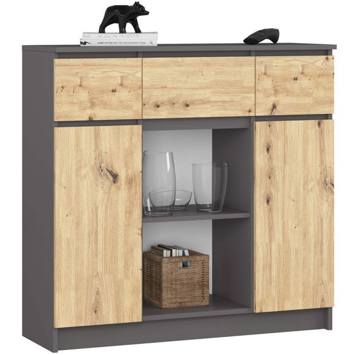 Commode AKORD K100 Gris Graphite 101 cm 2 portes 3 tiroirs façade Chêne Artisan 6 étagères 101x35x98 cm Commode AKORD K100 Gris Graphite 101 cm 2 portes 3 tiroirs façade Chêne Artisan 6 étagères 101x35x98 cm