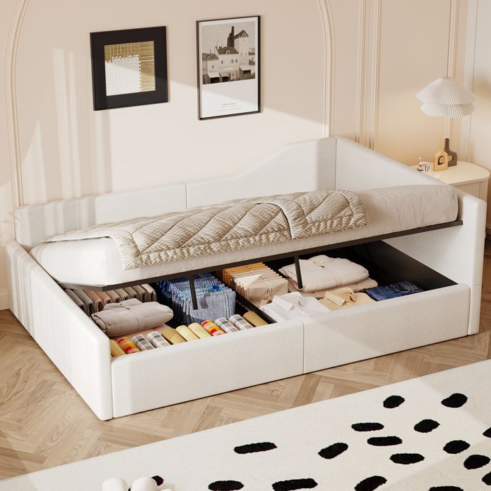 Canapé-lit capitonné 140x200cm - avec espace de rangement - avec sommier à lattes - MDF+lin - beige Canapé-lit capitonné 140x200cm - avec espace de rangement - avec sommier à lattes - MDF+lin - beige