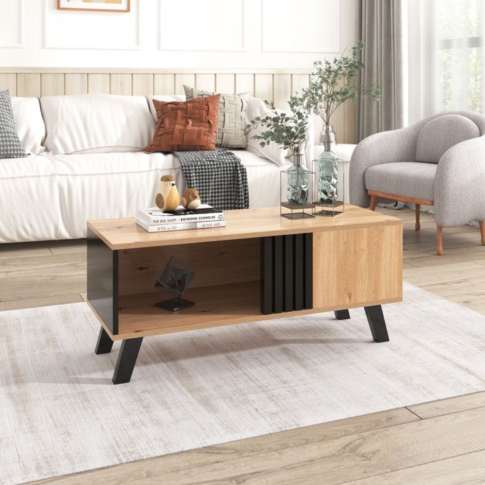 URBAN MEUBLE Table basse rectangulaire industriel effet bois et noir rangement 3 cotés 100x60x43cm URBAN MEUBLE Table basse rectangulaire industriel effet bois et noir rangement 3 cotés 100x60x43cm