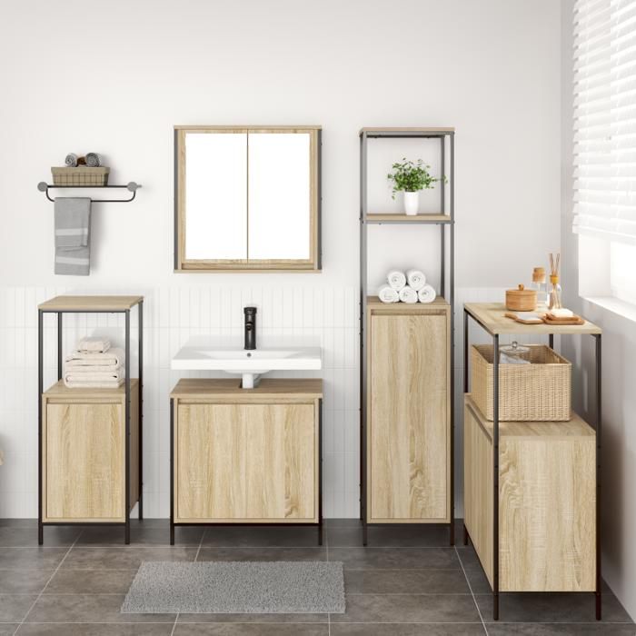 Ensemble de meubles de salle de bain - Chêne Sonoma - 5 pièces - Contemporain - Montage facile