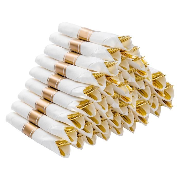 Ensemble DArgenterie en Plastique Argenté Pré Roulé Serviettes Pré Roulées avec Couverts en Argent pour Fête Anniversaire Doré