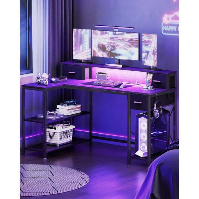 Bureau dordinateur Gaming en L avec LED 2 Prises + USB Bureau dangleTable avec Rangementpour BureauChambreNoir