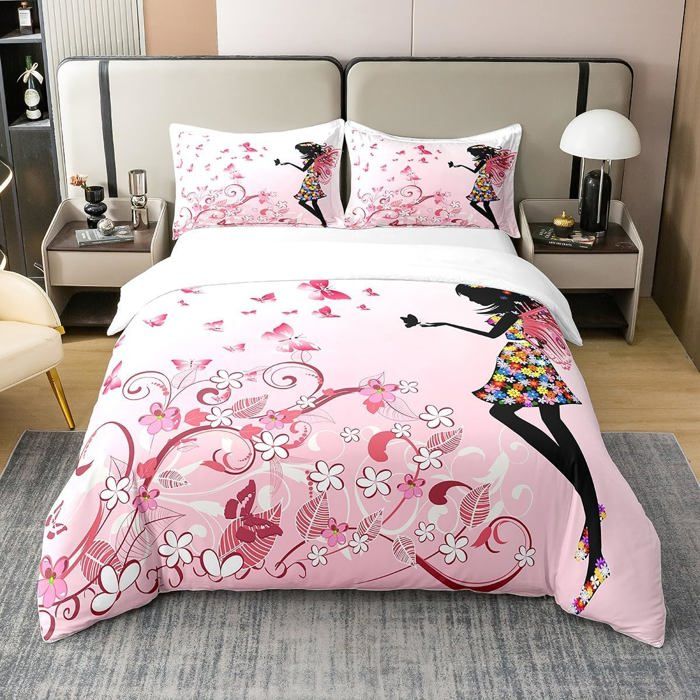 Fille Housse de Couette Rose Fleur Papillon literie Ados Dames décoration Literie Parure de lit Plantes Housse de Couette 200x200cm