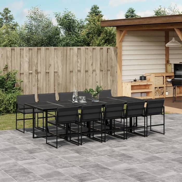 Ensemble à manger de jardin - vidaXL - 11 pièces - Textilène - Noir - 275x107x72 cm - Coussins amovibles - Verre trempé