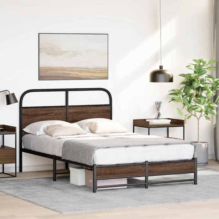 Cadre de lit sans matelas - WIENS - 140x190 cm - Chêne marron - Tête de lit incluse - Style Scandinave Moderne