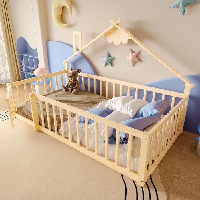 Lit Cabane Montessori 90x190 Cm Blanc - Métal Avec Barrière Sécurité Et Sommier à Lattes