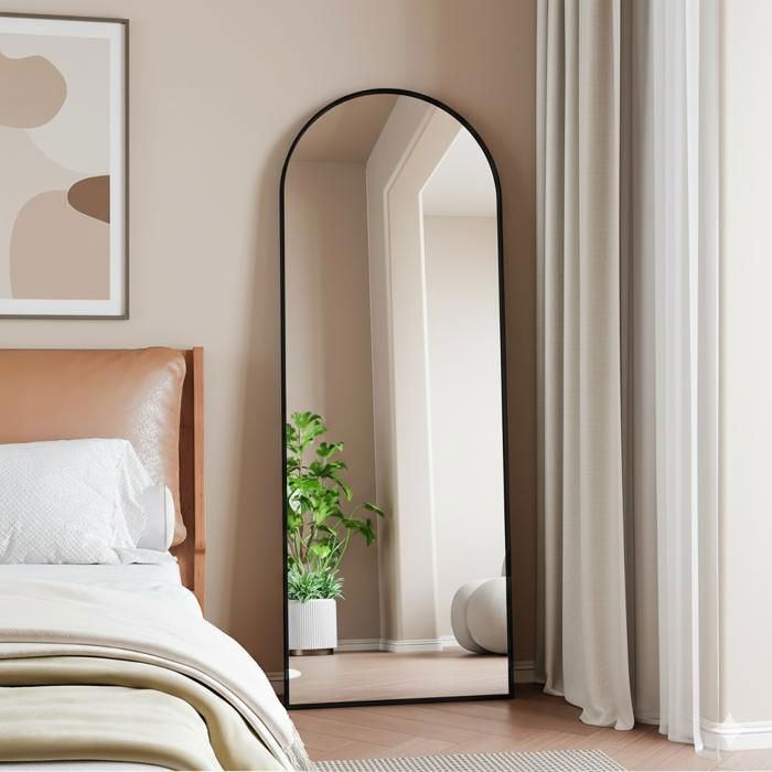 Miroir sur pied arrondi 160 x 50cm cadre en métal miroir hd grand pour salon chambre et dressing noir