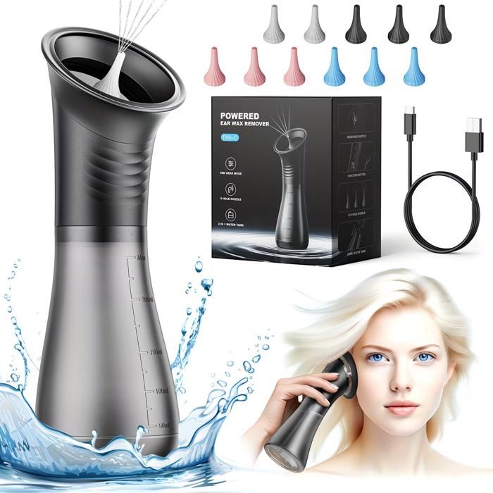 Nettoyeur doreille amélioré avec poubelle intégrée et écran LCD. Batterie 2000mAh lavage sûr recharge USB étanche IPX7.