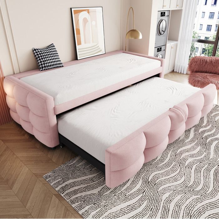 Lit enfant gigogne extensible 90/180x190 cm. lit simple convertible. sommier à lattes. tissu flanelle rose