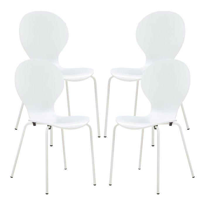 Lot de 4 chaises de salle à manger blanches empilables – contreplaqué bouleau & pieds métal 85×48×50 cm