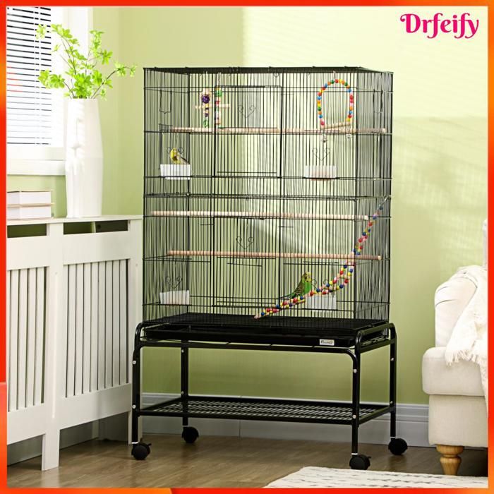 Cage à oiseaux - AKOZON - 8402 - roulettes avec freins - 4 mangeoires & 3 perchoirs - noir 79x49x133 cm