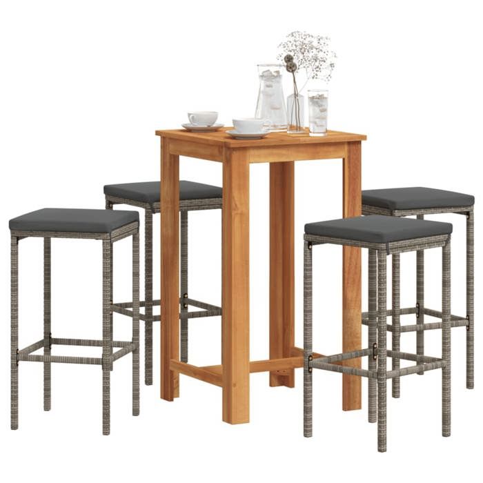 NEW 2026 Ensemble Bistrot/BAR - lot de 5 - 4 Chaises et 1 Table- gris bois massif acacia rotin 60x60x105 cm S634