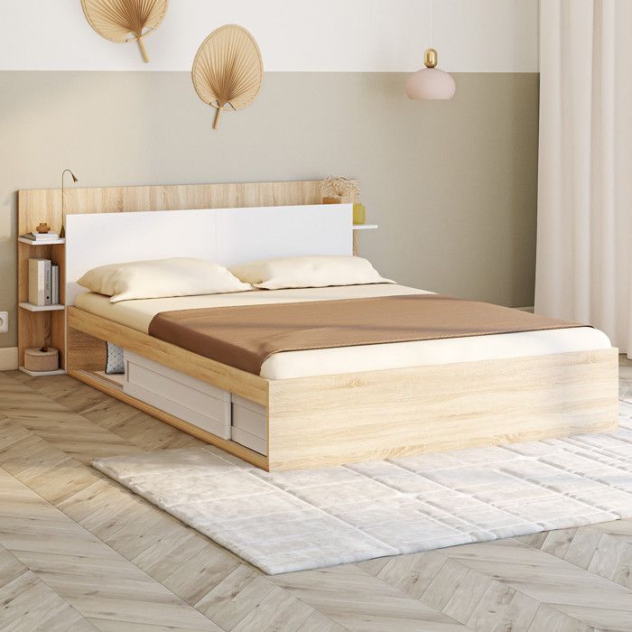 IDMARKET Lit double SARI avec rangements sommier et tête de lit 140 x 190 cm bois et blanc IDMARKET Lit double SARI avec rangements sommier et tête de lit 140 x 190 cm bois et blanc