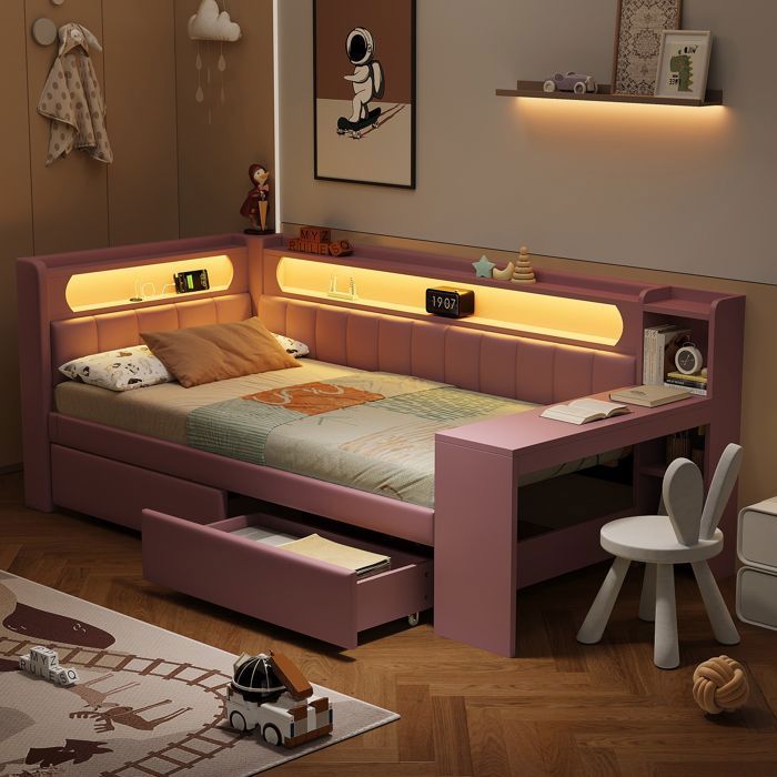 Canapé lit 90x200 capitonné – Bureau 2 tiroirs USB LED – Lin rose (sans matelas)
