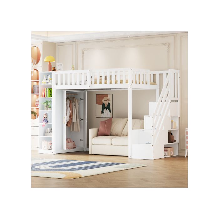 Lit Mezzanine 90x200 cm avec Armoire et Étagères - lit 1 place - Escalier Sécurisé Bois Massif Blanc garde-corps sécurité - lit ado