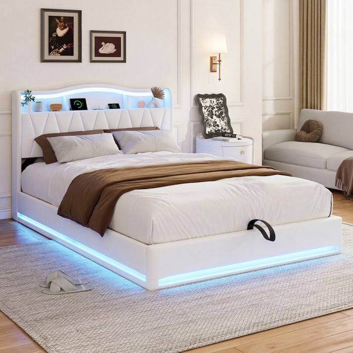 Lit coffre 2 places - URBANLUXE - 140x190 cm - Tissu velours beige - Sommier à lattes inclus - LED intégrée