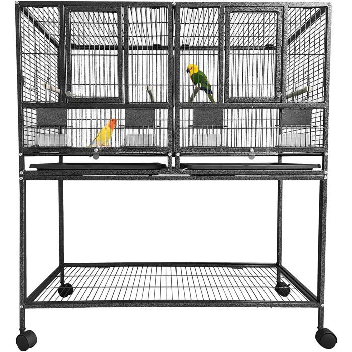 Cage à Oiseaux 43 Pouces Roulettes Grande Volière en Fer Forgé Pour Perroquets Perruches Avec Bac Coulissant Perchoirs Bois