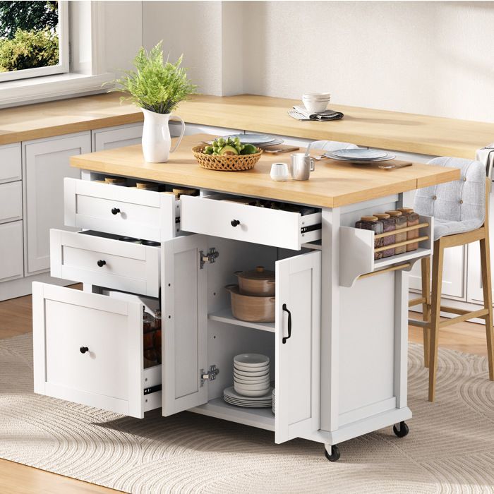 Desserte de cuisine 107x45-70x90.5 cm plateau extensible roulettes rangements MDF blanc et naturel