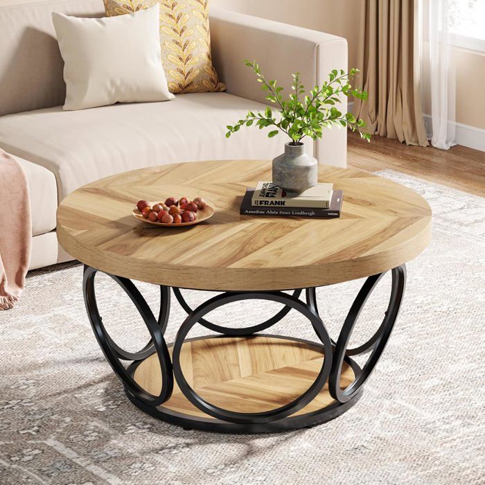 Table Basse Ronde 2 Niveaux - Table de Salon Bois 80 cm - Structure en métal - T-Able Ronde Bois-Plateau Épaissi - (Grain du Bois)