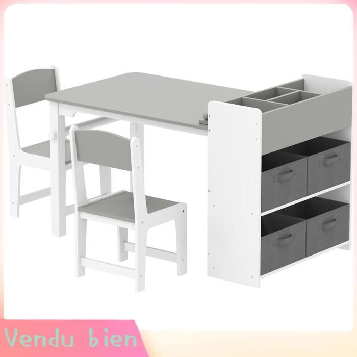 LIA Ensemble table 2 chaises enfant bois rouleau papier étagères tiroirs 3-8 ans gris