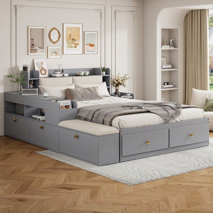 Lit combiné massif gris 140x200cm tête rangement tiroirs table nuit armoire banquette