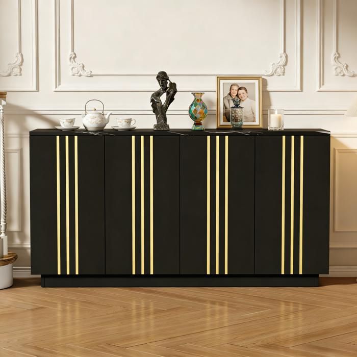 Buffet de rangement - Dimensions 35x140x70 cm - 4 portes avec moulures dorées - Cloisons réglables - Design noir et or
