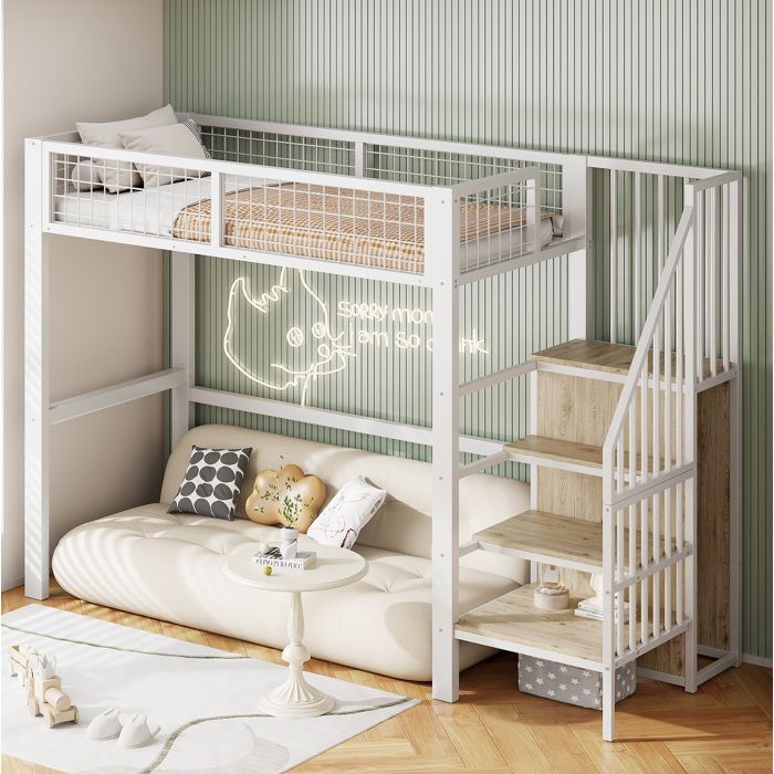 Lit mezzanine enfant 90 x 200 cm - structure métal et MDF escalier de sécurité armoire intégrée blanc