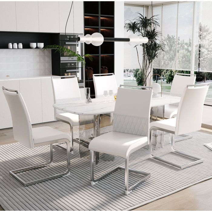 WOVREO Lot de 6 chaises de salle à manger blanches dossier haut PU lin métal assise rembourrée 42 x 48 x 95 cm