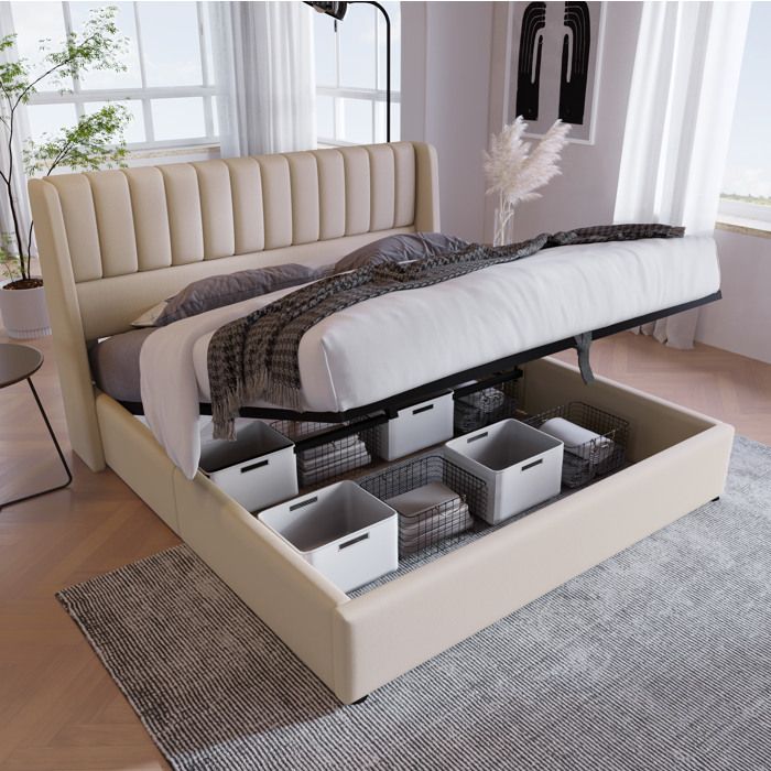 WOVREO Lit coffre hydraulique 180 x 200 cm avec sommier à lattes en bois tête de lit rembourrée lin beige
